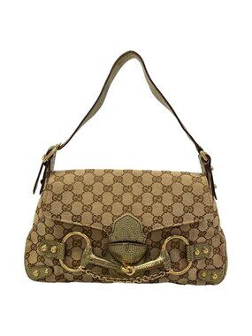 Gucci Handbag GG Pattern Horsebit Dark Brown Beige Gold Leather
